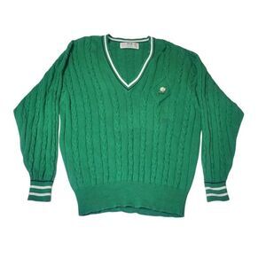 Vintage Pringle of Scotland Sports Sweater Men's Sz S Green Cable Knit V-Neck